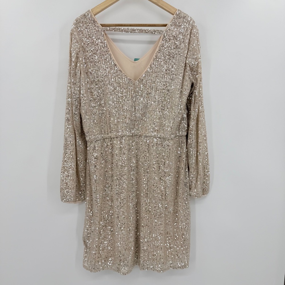 Maurices Womens XL Sequin V-Neck Mini Dress Champagne Gold Long Sleeve New NWT - Picture 1 of 5